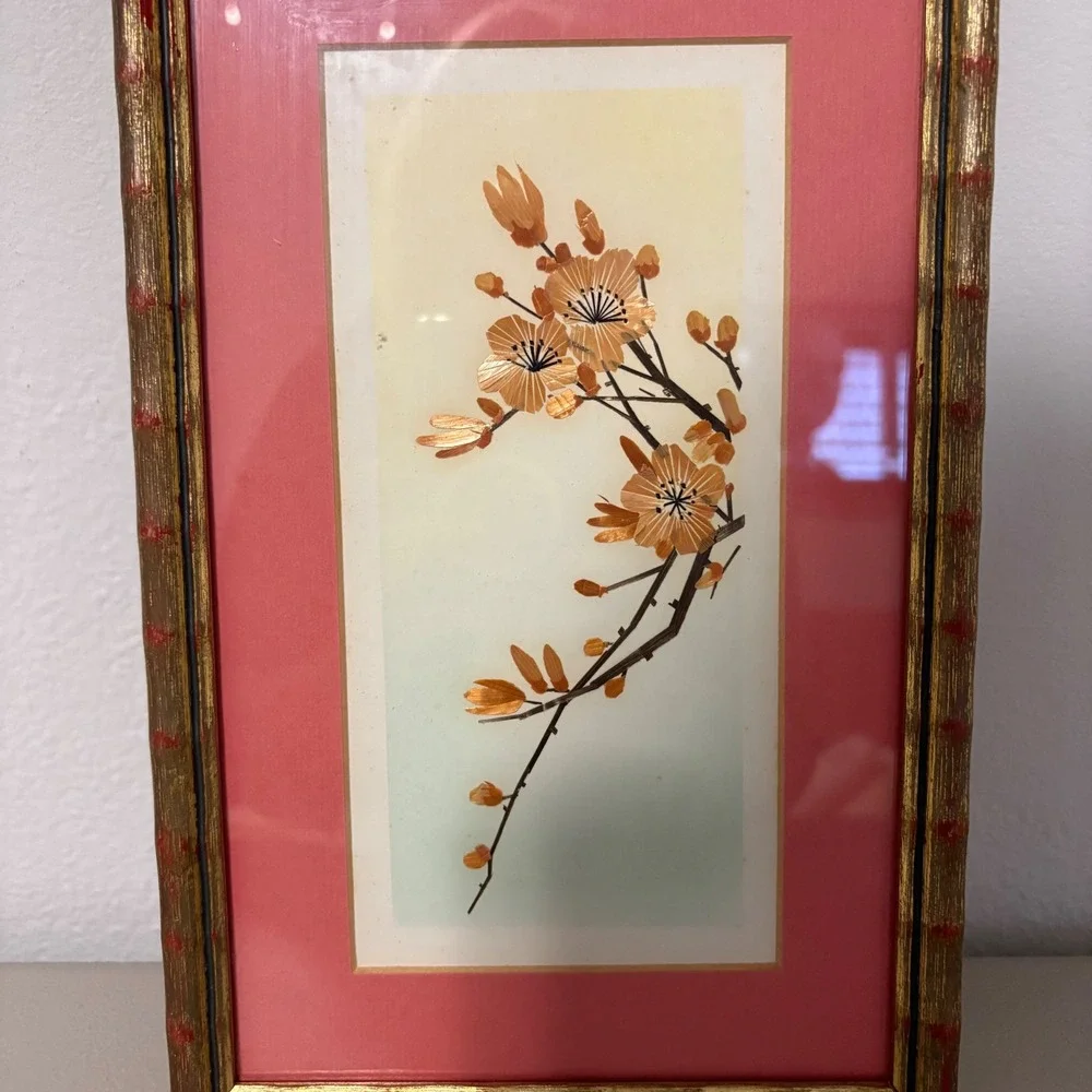 Framed Artwork Chinese Wheat Straw Cherry Blossom Branch Print Coral‎ Mat Gold